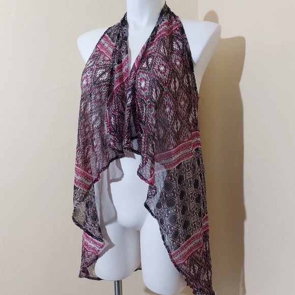 Full Tilt Sheer Black Burgundy Waterfall Open Front Lightweight Cover Up Small - Picture 2 of 9